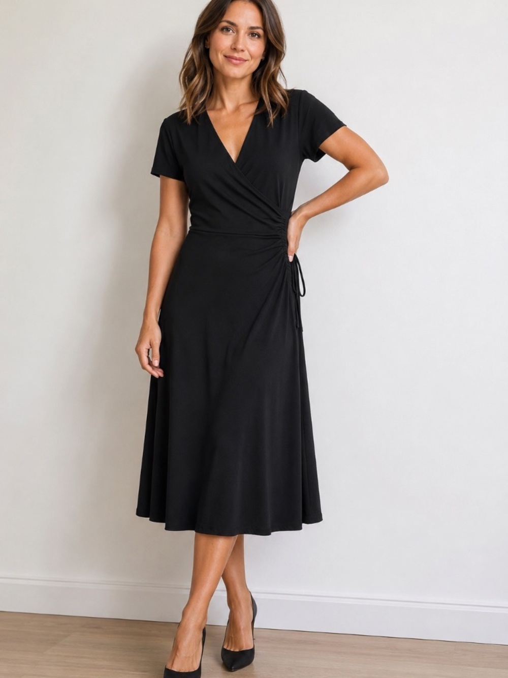 Erika Black Faux Wrap Midi Dress Size 10 Short Sleeve Stretch Career Dress